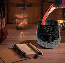 Load image into Gallery viewer, SKY FISH Stemless Stainless Steel Etching Wine Glasses,18 oz Black Plated,Set Of 4