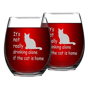 Set of 2 Cat Wine Glasses, It's Not Really Drinking Alone If The Cat is Home Funny Stemless Wine Glass - Funny Gifts for Women, Friends, Cat Lovers, Cat Mom, 15Oz