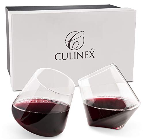 Hand Blown Stemless Wine Glasses, Set of 2 - Naturally Aerating, Elegant Wine Glassware for Cabernet, Pinot Noir, Merlot, and Blends - CulinexCo.com Spinning Wine Tumblers for Him and Her, 12 Oz.