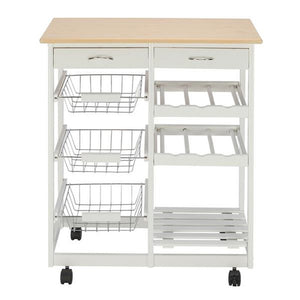 FCH Moveable Kitchen Cart with Two Drawers & Two Wine Racks & Three Baskets White Kitchen Furniture Dinning Car with Wheels