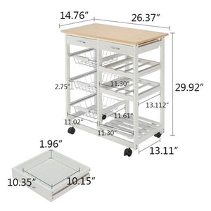 FCH Moveable Kitchen Cart with Two Drawers & Two Wine Racks & Three Baskets White Kitchen Furniture Dinning Car with Wheels