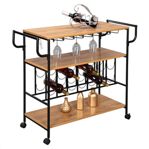 Industrial Bar Cart with Wine Rack and Glass Holder Metal Serving Cart and Kitchen Storage Cart Bar Wood Table Serving Trolley