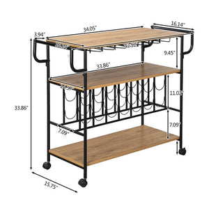 Industrial Bar Cart with Wine Rack and Glass Holder Metal Serving Cart and Kitchen Storage Cart Bar Wood Table Serving Trolley