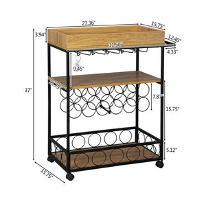 Industrial Bar Cart with Wine Rack and Glass Holder Metal Serving Cart and Kitchen Storage Cart Bar Wood Table Serving Trolley