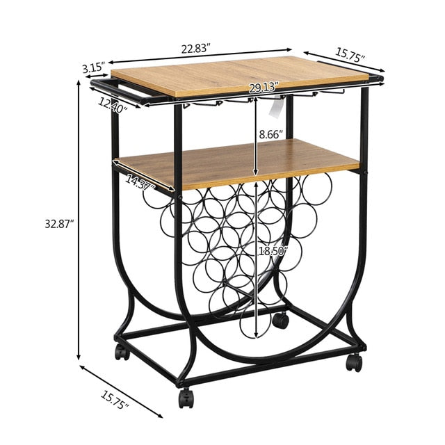 Industrial Bar Cart with Wine Rack and Glass Holder Metal Serving Cart and Kitchen Storage Cart Bar Wood Table Serving Trolley