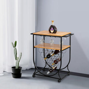 Multifunctional Industrial Vintage Double-layer Movable Iron-wood Wine Rack Bar Car Metal Wood Wheeled Wine Rack Cart